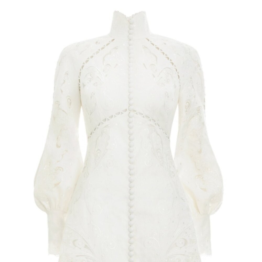 $1950 Zimmermann Super Eight Embroidered Silk Linen Dress AU1/US6 100%Authentic